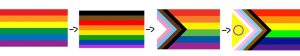 the evolution of the pride flag with four different versions of the flag