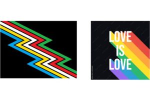 disability pride colors and symbols the first is multi color zig zap lines the second is love is love with bright lines behind it